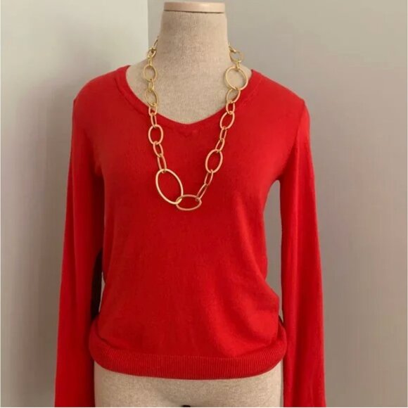 BP Women's V Neck Long Sleeve Red Orange Sweater with Elbow Patches Size Small - Picture 3 of 6